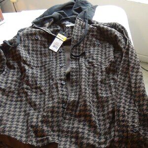 MEN'S Original Use Hoody Jacket Sweater Brown Houndstooth ButtonUp Long Sleeve M